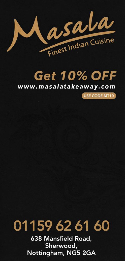 Menu for Masala Indian takeaway in Sherwood, Nottingham NG5 2GA