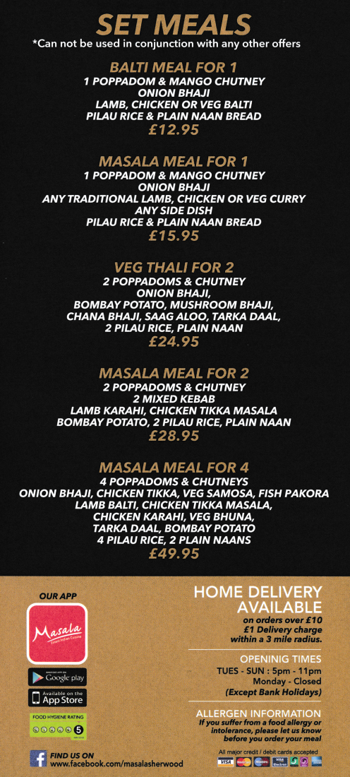 Menu for Masala Indian takeaway and delivery on Mansfield Road in Sherwood, Nottingham