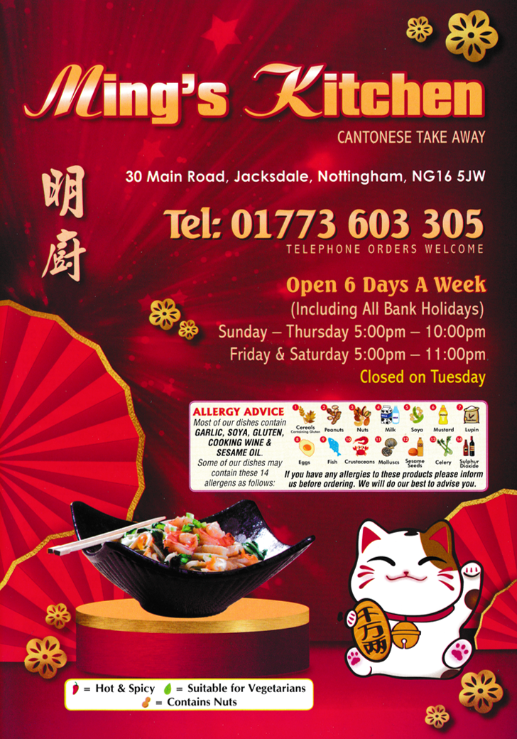 Menu for Ming's Kitchen Chinese and Cantonese food takeaway in Jacksdale
