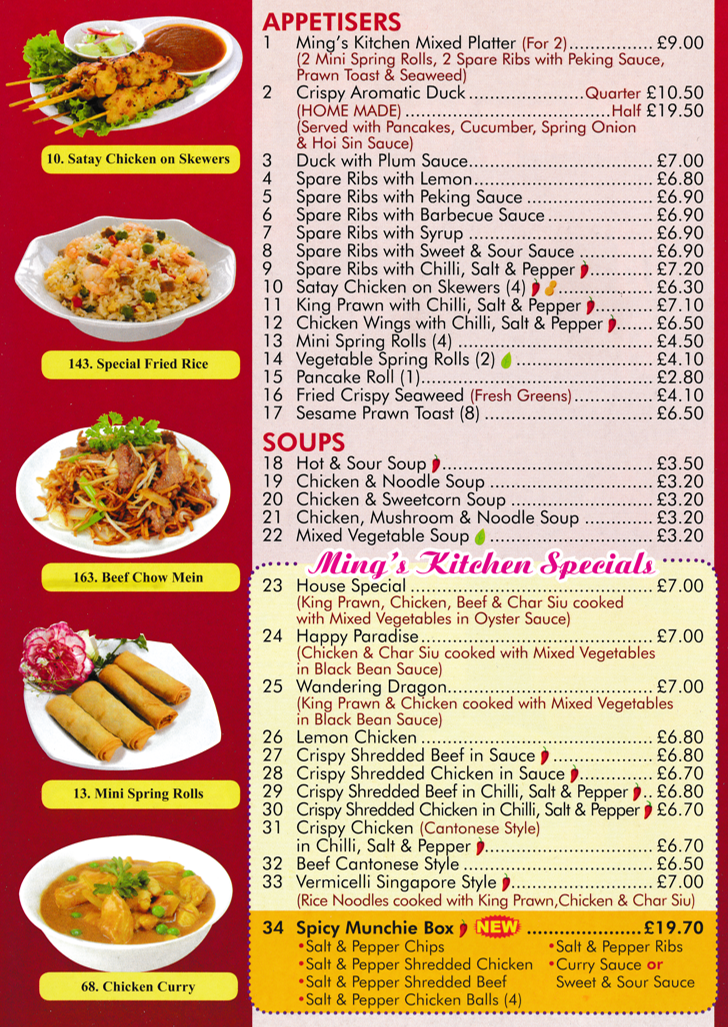 Menu for Ming's Kitchen - Lemon Chicken, Happy Paradise, Wandering Dragon, Beef Cantonese Style, Spare Ribs with Peking Sauce, Crispy Aromatic Duck, Pancake Roll..