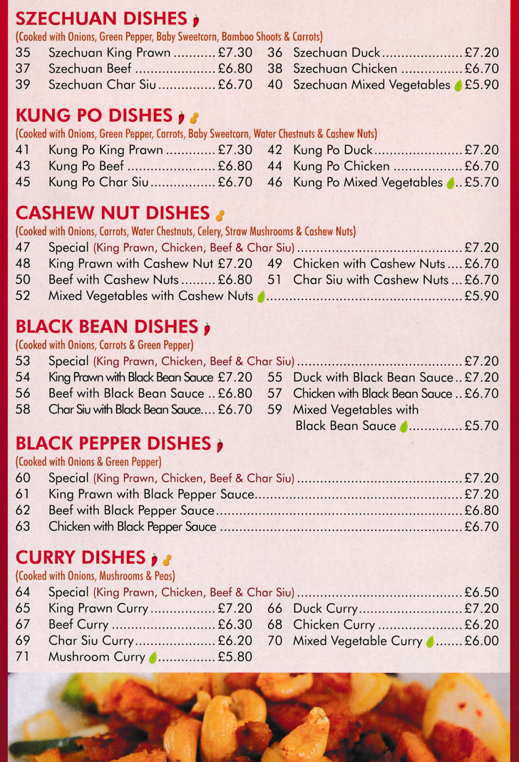 Menu for Ming's Kitchen - Char Siu with Black Bean Sauce, King Prawn with Cashew Nuts, Kung Po Duck, Szechuan Beef, Mushroom Curry, Chicken with Black Pepper Sauce..
