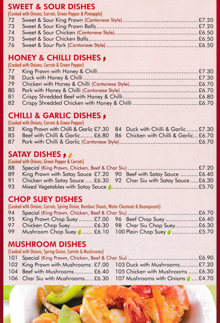 Menu for Ming's Kitchen - Sweet & Sour Chicken Balls, Beef with Satay Sauce, Pork with Honey & Chilli, Char Siu Chop Suey, Chicken with Satay Sauce..
