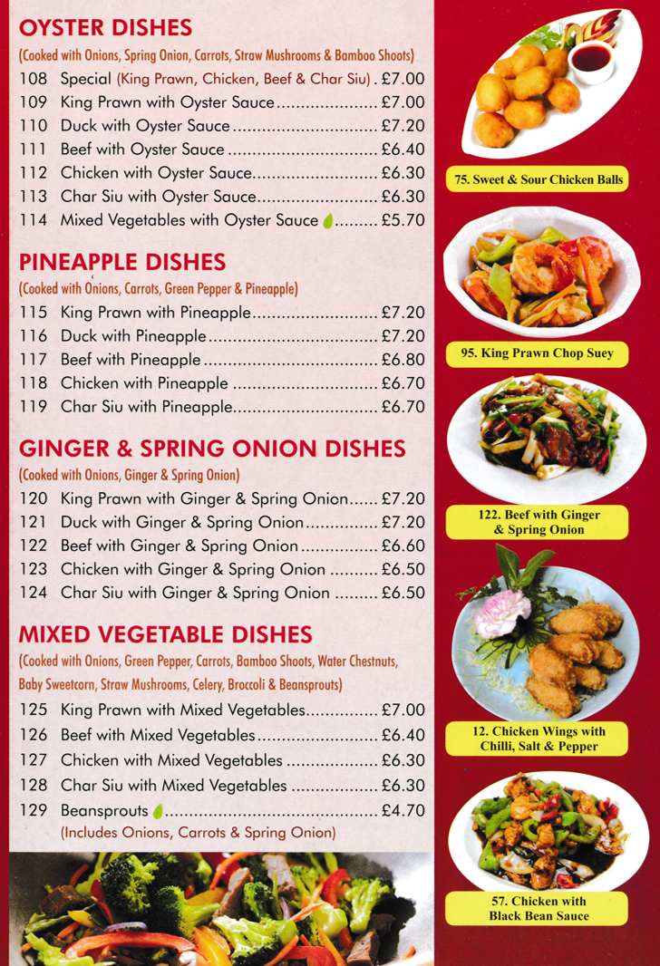 Menu for Ming's Kitchen - Char Siu with Oyster Sauce, Duck with Pineapple, King Prawns with Mixed Vegetables, Beef with Oyster Sauce..