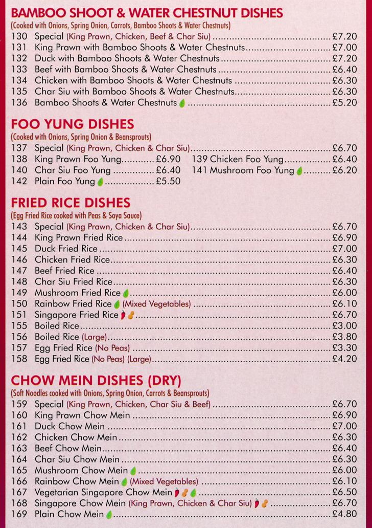 Menu for Ming's Kitchen - King Prawn Foo Yung, Chicken with Bamboo Shoots & Water Chestnuts, Duck Chow Mein, Egg Fried Rice, Chicken Chow Mein..