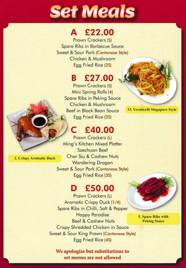 Menu for Ming's Kitchen - Set Meals - Chinese food to takeaway.