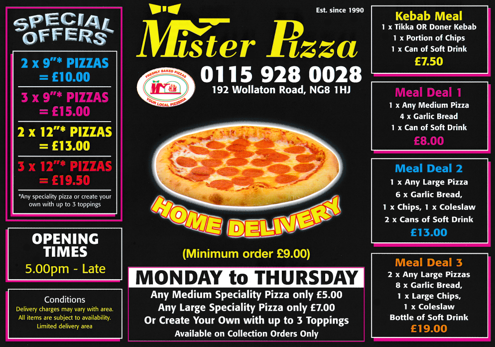 Takeaway menu for Mister Pizza on Wollaton Road in Nottingham NG8 1HJ