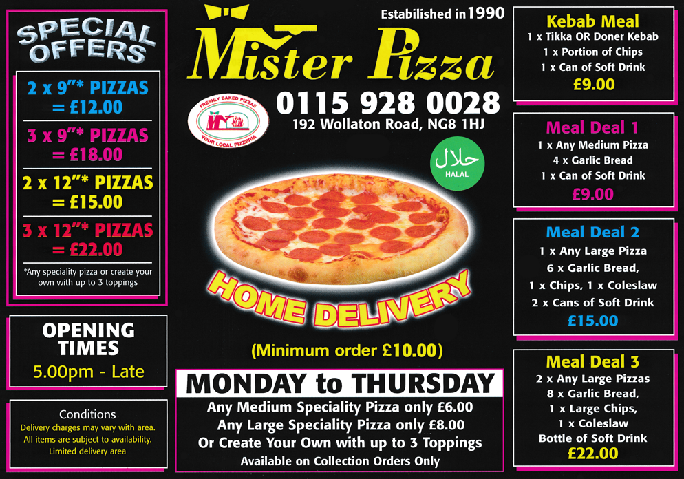 Menu for Mister Pizza Takeaway menu for Mister Pizza on Wollaton Road in Nottingham NG8 1HJ