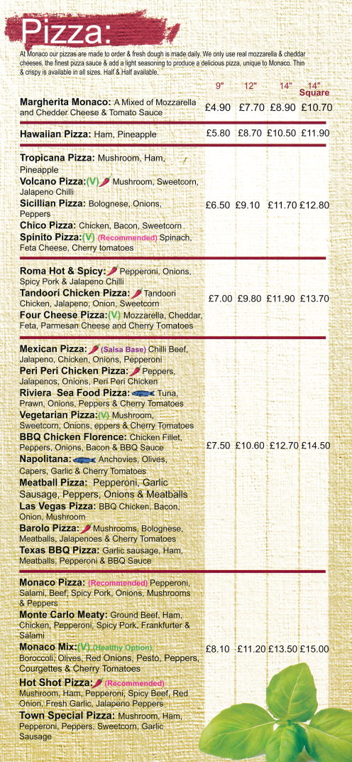 Monaco Pizza and Pasta takeaway and delivery menu