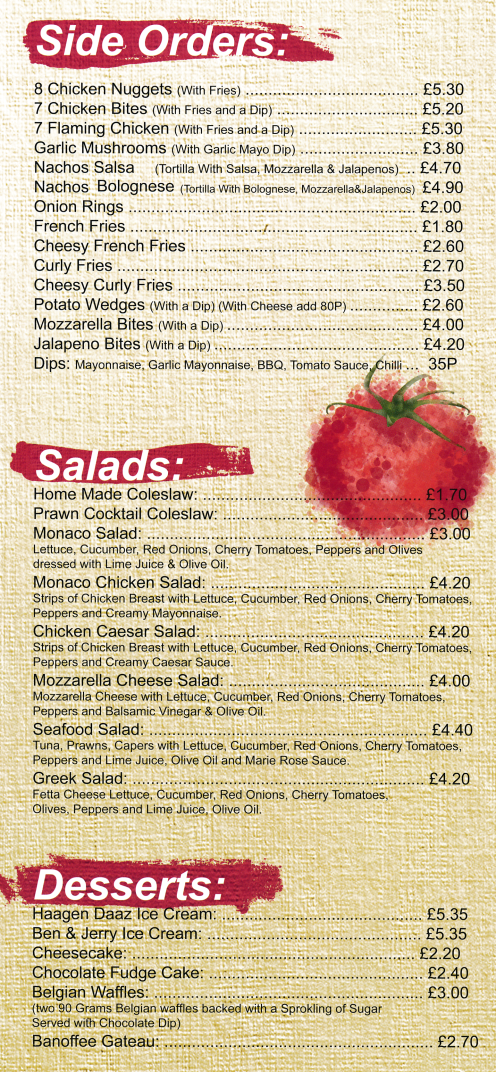 Menu for Monaco Pizza and Pasta takeaway in Gedling near Nottingham