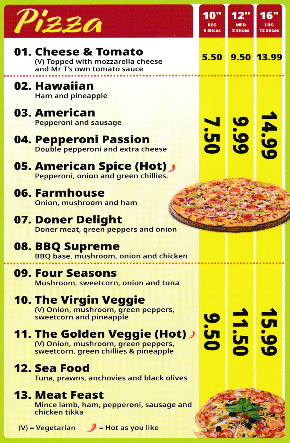 Menu for Mr T's Pizza - Hawaiian, Pepperoni Passion, Four Seasons, Meat Feast, American Spice..