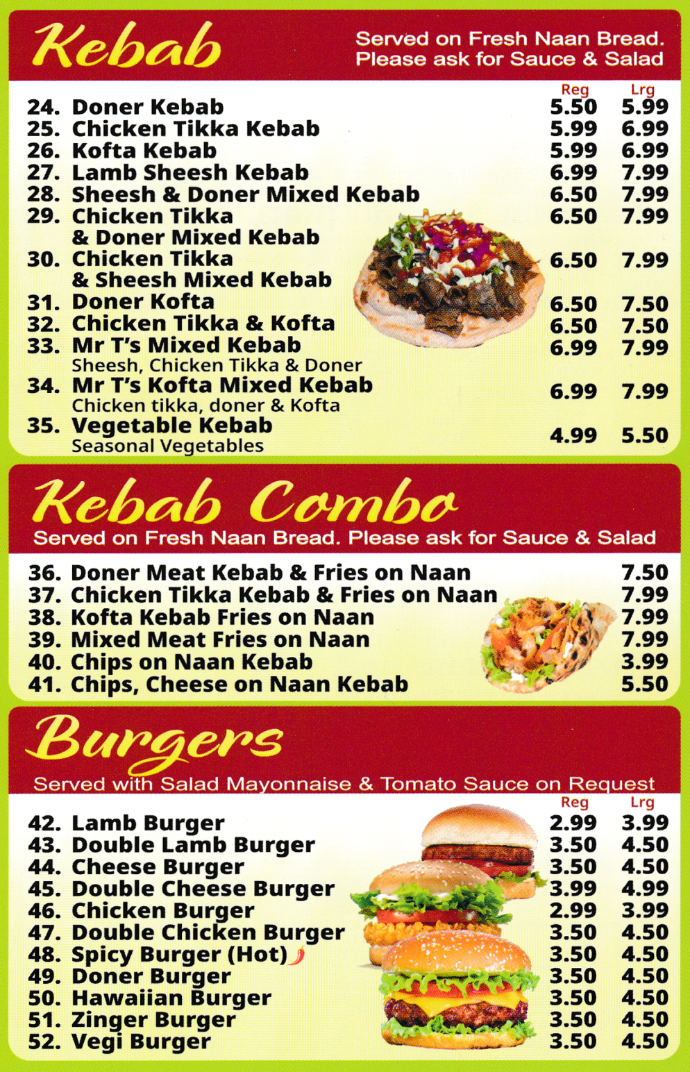 Menu for Mr T's Pizza - Pizzas, Kebabs, Burgers, Combo Kebabs, S F Chicken, Nuggets..