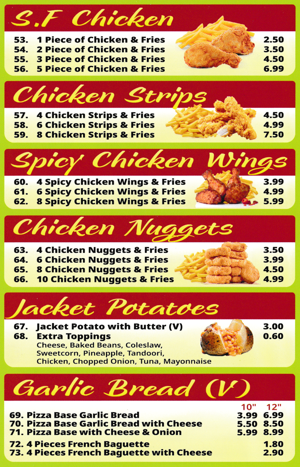 Menu for Mr T's Pizza - Jacket Potatoes, Garlic Bread, Spicy Chicken Wings, Chicken Nuggets, Southern Fried Chicken..