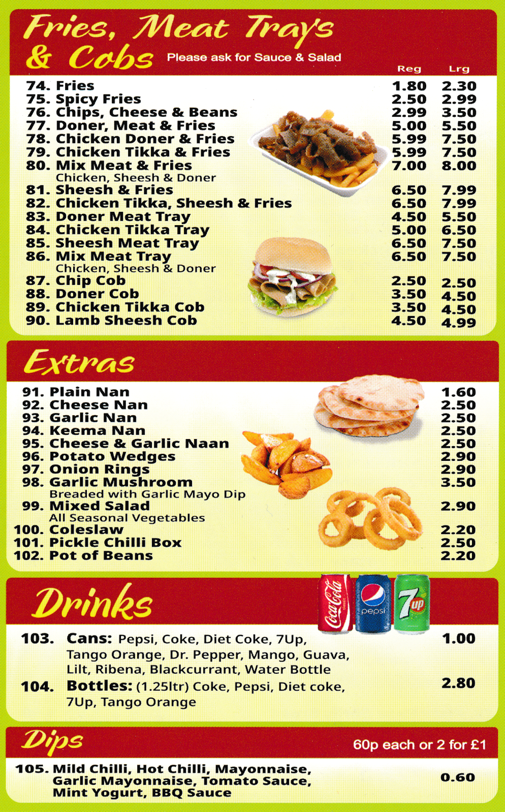 Menu for Mr T's Pizza - Meat Trays, Fries, Cobs, Nan Bread, Drinks..