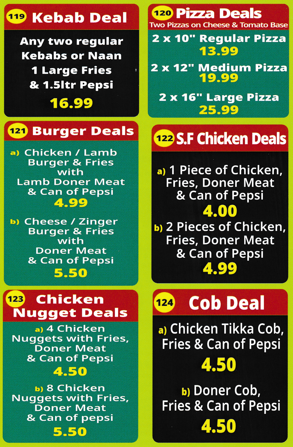 Menu for Mr T's Pizza - Kebab Deal, Pizzas Deals, Burger Deals, S. F. Chicken Deals..