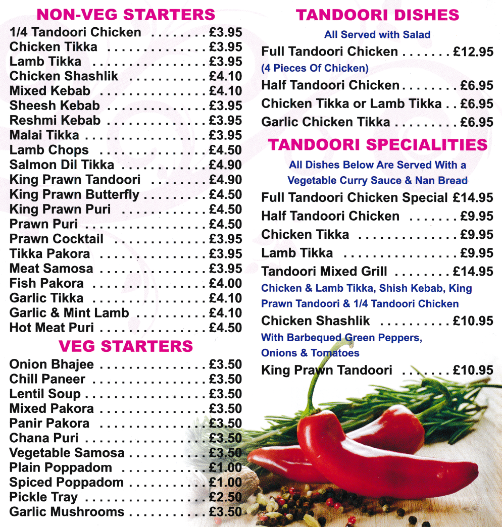Mumbai Masala takeaway menu - Full Tandoori Chicken, King Prawn Tandoori, Chana Puri, Sheesh Kebab, Chicken Shashlik, Garlic Tikka, Meat Somosa, Tandoori Mixed Grill..