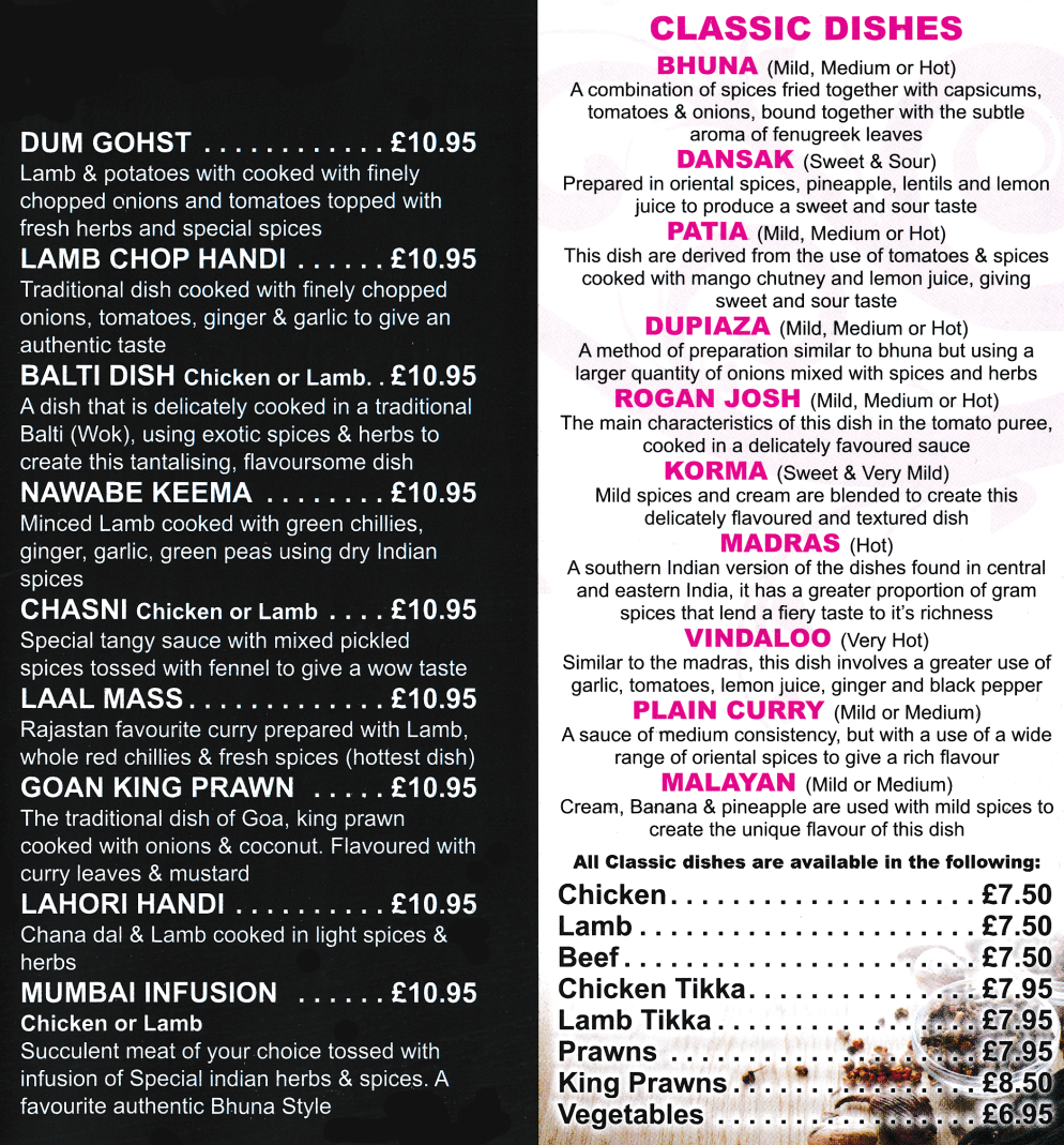 Mumbai Masala takeaway menu - Vindaloo, Bhuna, Madras, Malayan, Korma, Rogan Josh, Goan King Prawn, Balti Dishes..