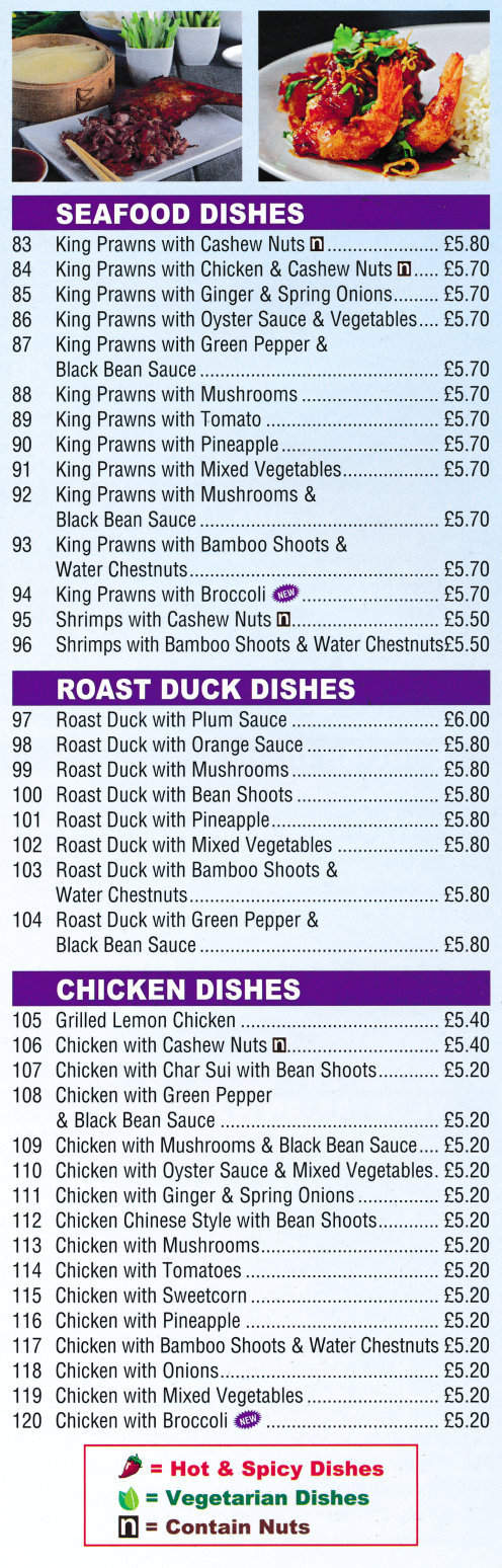 Menu for New Golden Star (Roast Duck with Plum Sauce, Grilled Lemon Chicken, King Prawns with Cashew Nuts, Hot & Sour Chicken..)