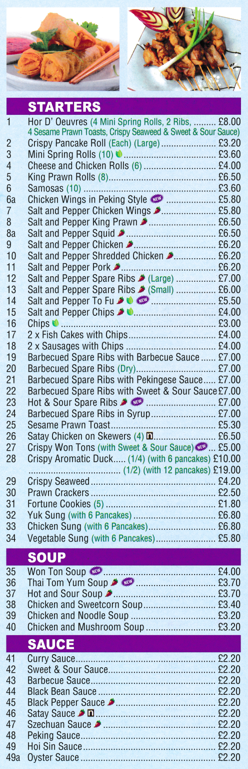 Menu for New Golden Star (Satay Chicken on Skewers, Crispy Aromatic Duck, Salt & Pepper Spare Ribs, Crispy Pancake Roll, Yuk Sung..)