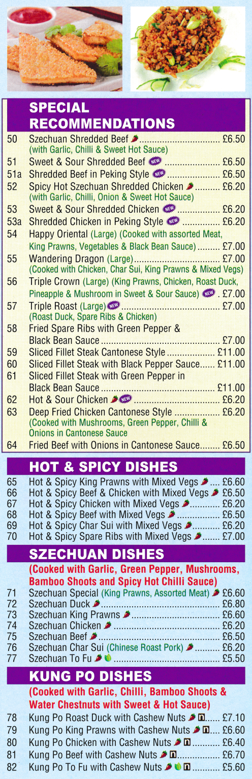 Menu for New Golden Star (Triple Crown, Happy Oriental, Szechuan Shredded Beef, Wandering Dragon, Kung Po Beef with Cashew Nuts..)