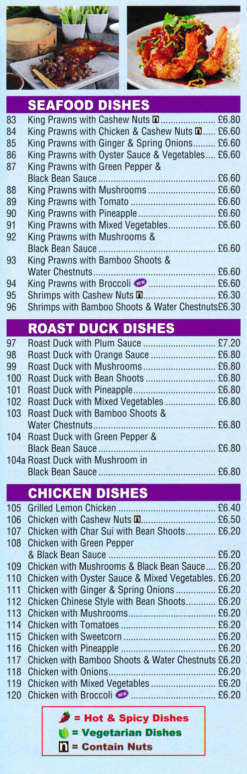 Menu for New Golden Star (Roast Duck with Plum Sauce, Grilled Lemon Chicken, King Prawns with Cashew Nuts, Hot & Sour Chicken..)