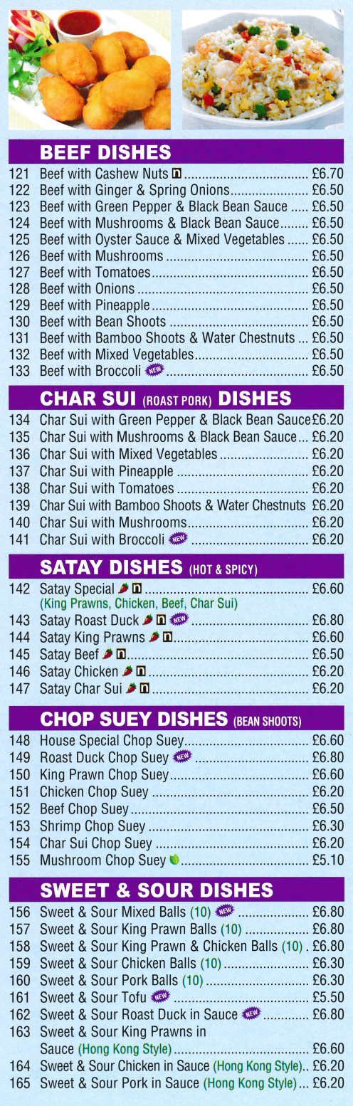 Menu for New Golden Star (Chicken Chop Suey, Satay Roast Duck, Sweet & Sour Pork Balls..)