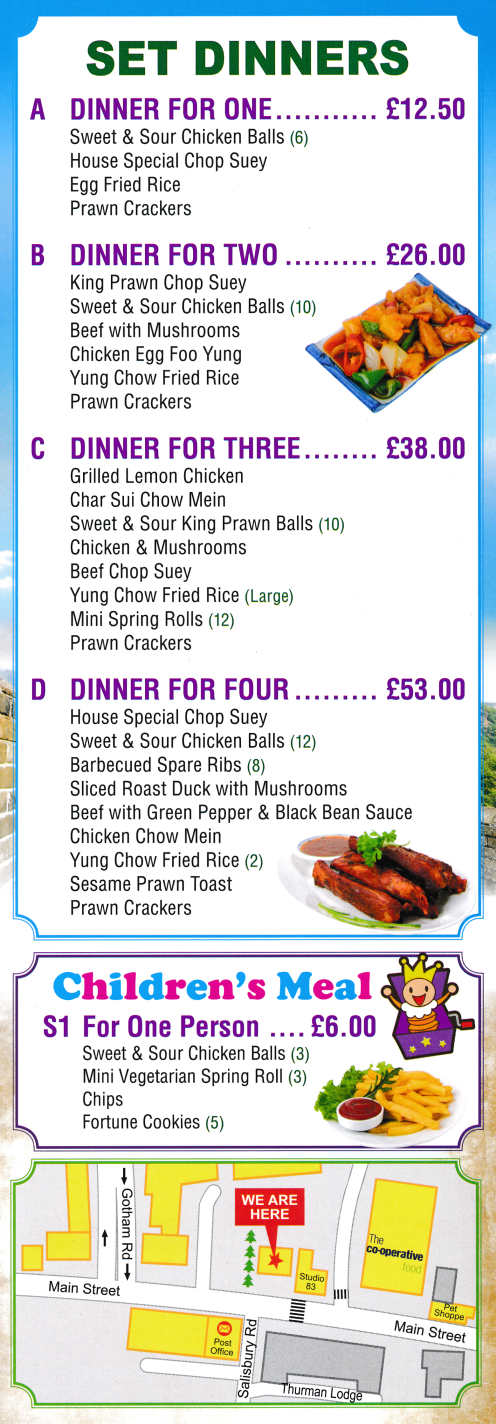 Menu for New Golden Star Chinese and Cantonese food takeaway in East Leake - Set Dinners, Children's Meals