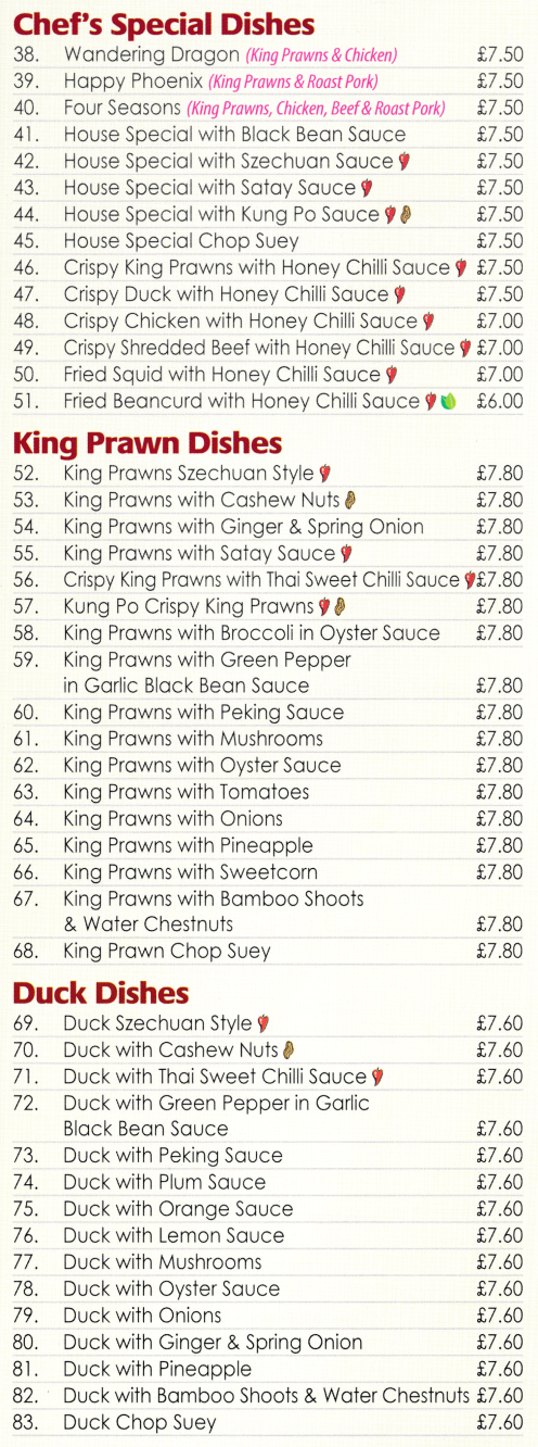 Menu for New Good Food Inn - Wandering Dragon, Four Seasons, Happy Phoenix, Kung Po Crispy King Prawns, Duck with Orange Sauce, King Prawns with Satay Sauce, Duck with Plum Sauce..