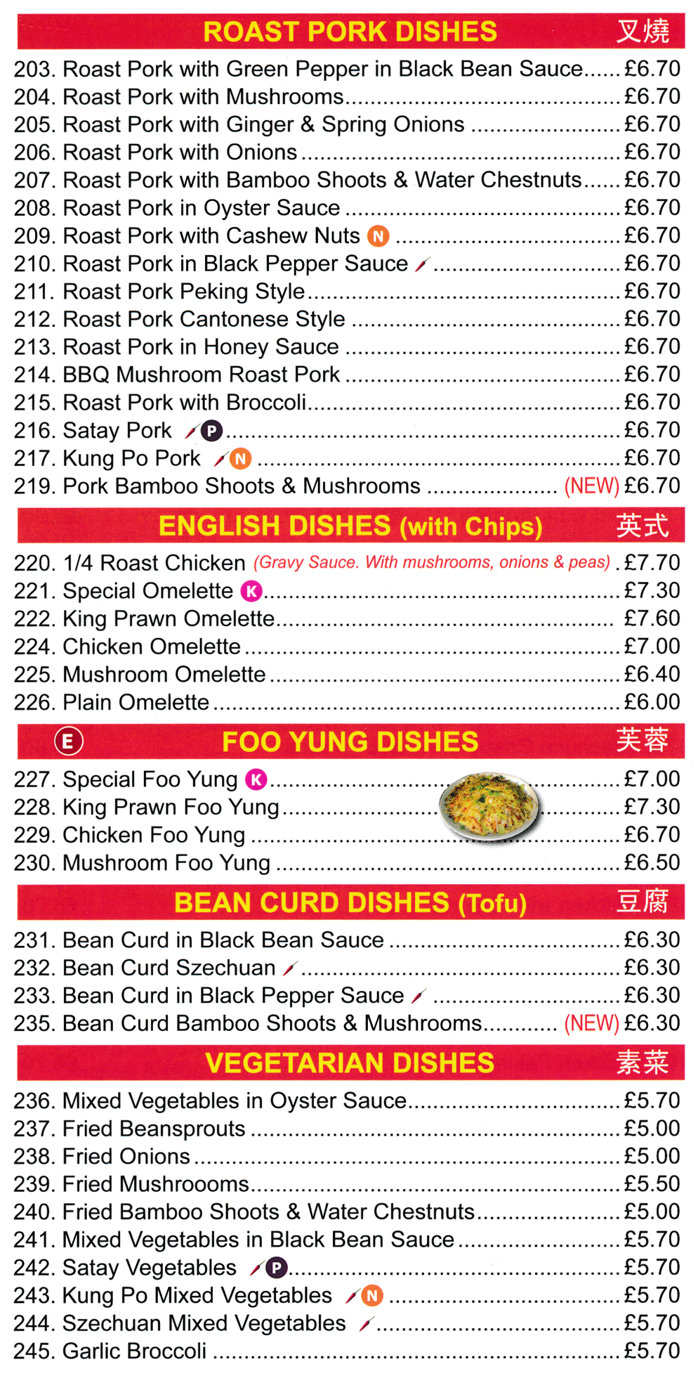 Menu for New Red Cap Chinese takeaway in Hucknall - dishes include; Roast Pork Cantonese Style, Bean Curd in Black Bean Sauce, Szecuan Mixed Vegetables, Kung Po Pork, Roast Pork Peking Style, King Prawn Foo Yung, BBQ Mushroom Roast Pork, Bean Curd in Black Pepper Sauce..