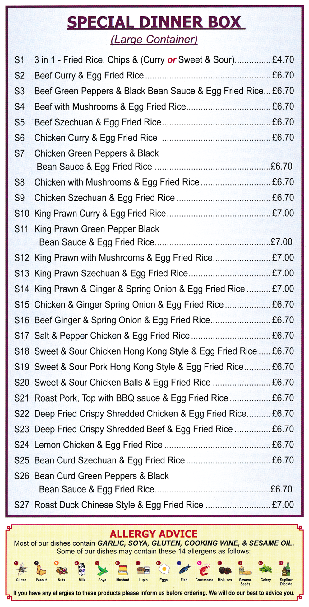 Takeaway and delivery menu for New Red Cap Chinese takeaway on Annesley Road in Hucknall NG15 7DR - Special Dinner Boxes