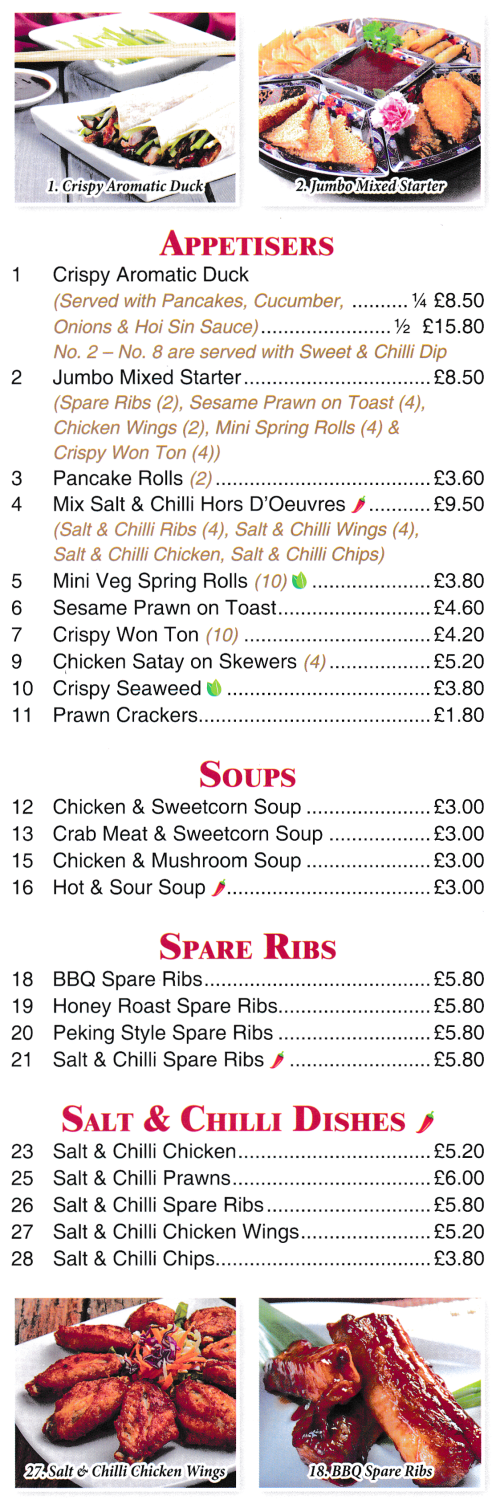 Menu for New Taste Chinese takeaway (Crispy Aromatic Duck, BBQ Spare Ribs, Salt & Chilli Chicken, Crispy Shredded Chilli Beef, Chicken Satay on Skewers..)
