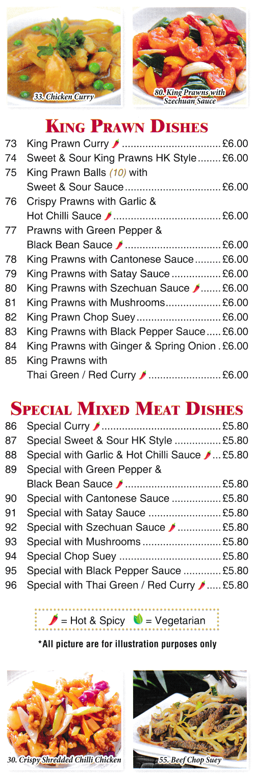 Menu for New Taste Chinese takeaway and delivery in Heanor (Pork Chop Suey, King Prawns with Satay Sauce, Chicken Thai Green Curry..)