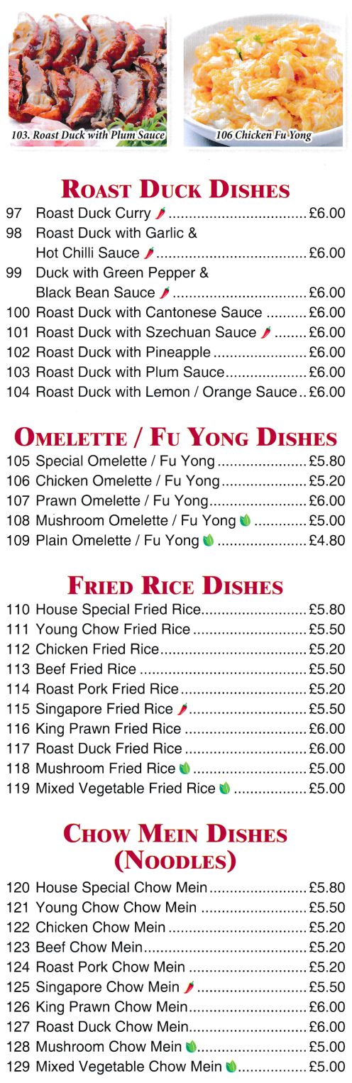 Menu for New Taste Chinese takeaway (Roast Duck, Fu Yung, Fried Rice, Chow Mein, Vermicelli dishes)