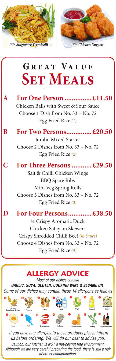 Menu for New Taste Chinese food takeaway in Heanor - Set Meals