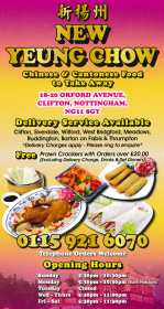 Menu for New Yeung Chow Chinese food takeaway on Orford Avenue in Clifton near Nottingham NG11 8GY