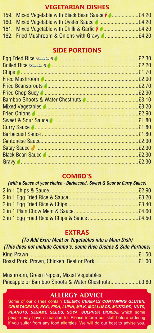 Menu for New Yeung Chow - Egg Fried Rice, Mixed Vegetables with Black Bean Sauce, Combo's and Extras..