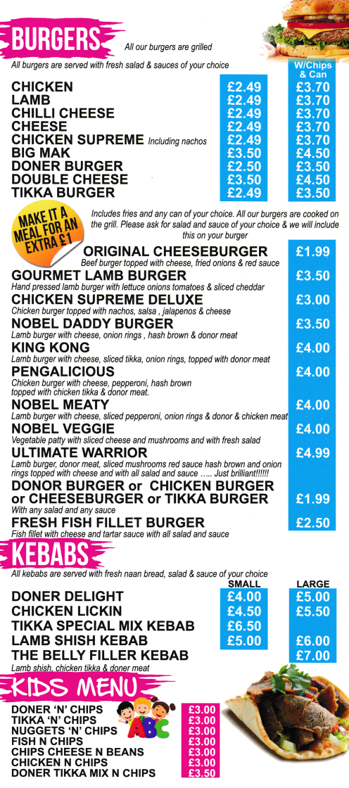Menu for Nobel Delicious - Burgers, Kebabs, Kids Menu..