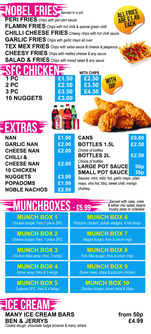 Menu for Nobel Delicious - Wraps, Southern Fried Chicken, Cheesy Fries, Munchboxes, Ice Cream, Garlic Bread..
