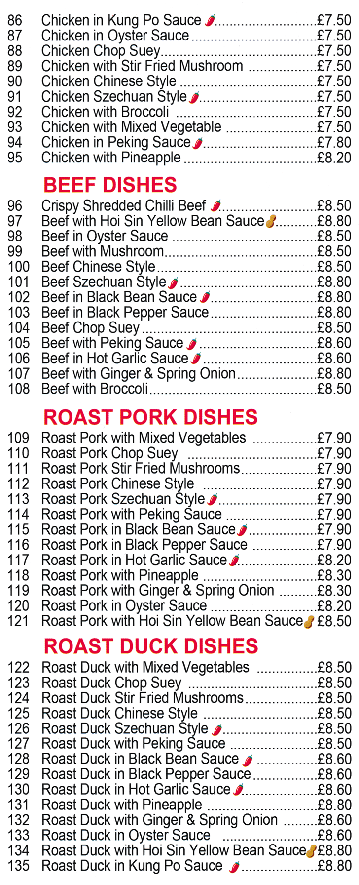 Takeaway menu for Noble House in Heanor - dishes include; Chicken in Kung Po Sauce, Beef with Peking Sauce, Roast Pork in Hot Garlic Sauce, Roast Duck Chinese Style, Chicken Chop Suey, Beef in Szechuan Sauce..