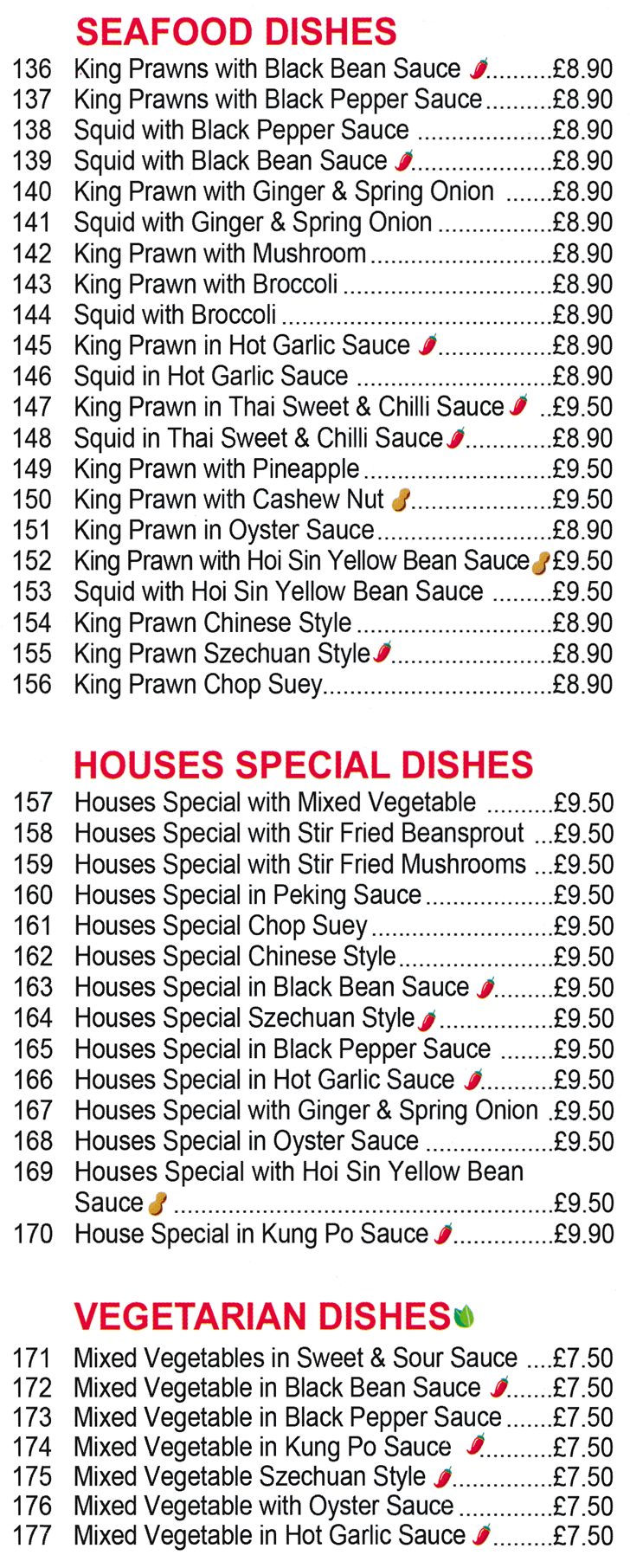 Takeaway menu for Noble House in Heanor - dishes include; King Prawn Chop Suey, MIxed Vegetables in Black Pepper Sauce, House Special Chinese Style, Squid in Thai Sweet & Chilli Sauce, Squid with Black Bean Sauce..
