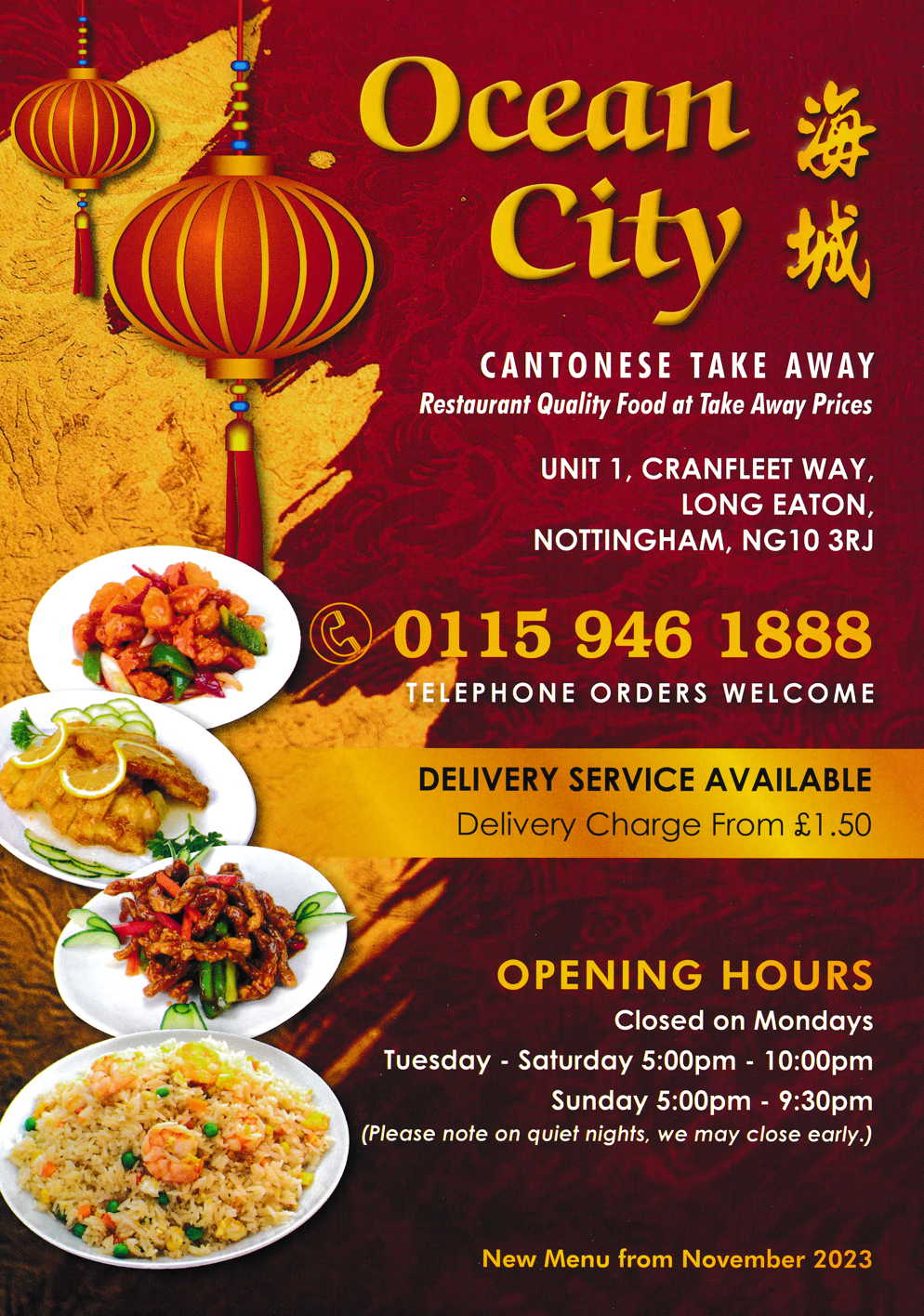Menu for Ocean City Chinese takeaway in Long Eaton near Nottingham