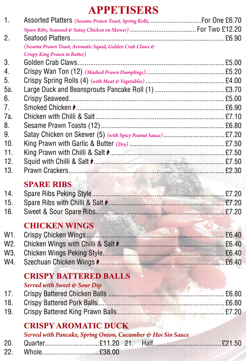 Menu for Ocean City - Spare Ribs Peking Style, Crispy Aromatic Duck, Satay Chicken on Skewers, Sesame Prawn Toasts, Squid with Chilli and Salt..