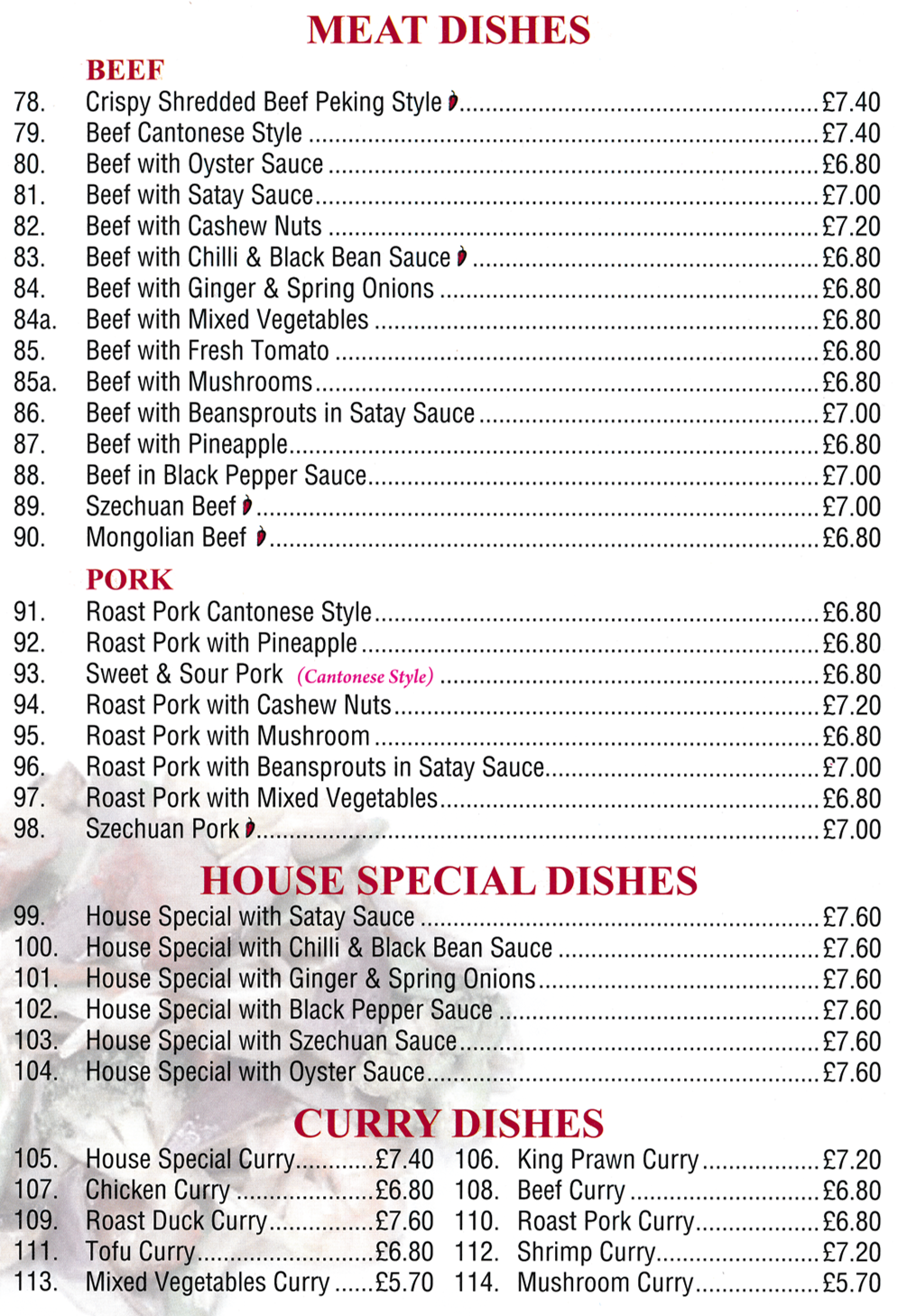 Menu for Ocean City in Long Eaton. Dishes include; Crispy Shredded Beef Peking Style, Roast Pork Cantonese Style, Mixed Vegetable Curry, Mongolian Beef..