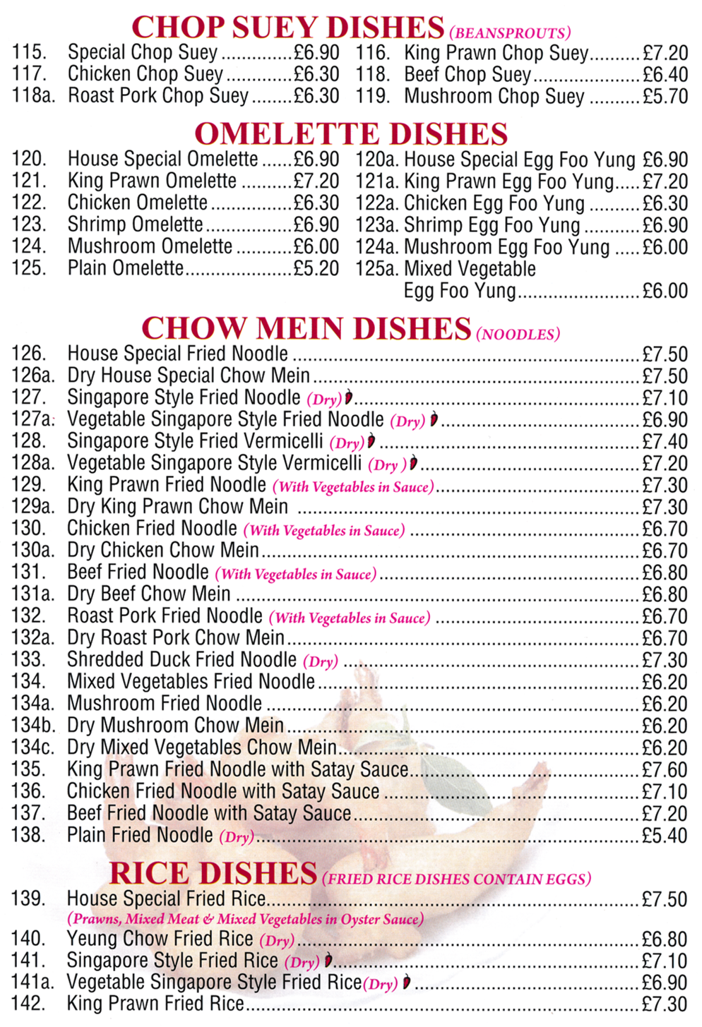 Menu for Ocean City in Long Eaton. Dishes include; Beef Chow Mein, Yeung Chow Fried Rice, Beef Chop Suey, Mushroom Omelette, Chicken Egg Foo Yung..