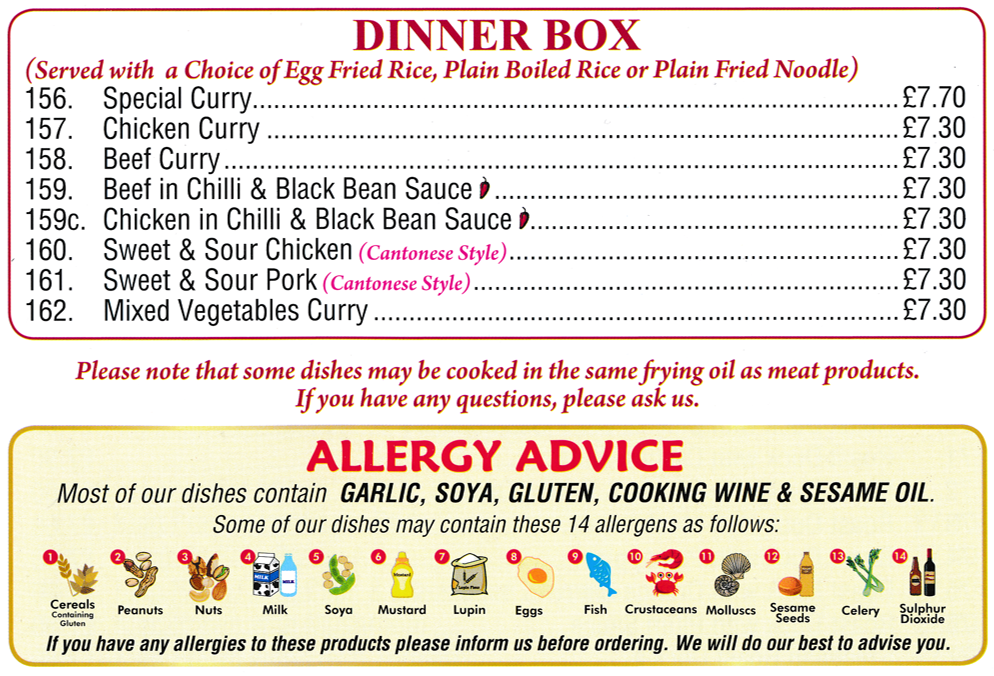 Menu for Ocean City Chinese and Cantonese takeaway in Long Eaton near Nottingham
