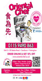 Menu for Oriental Chef Chinese and Cantonese food takeaway on Station Road in Sandiacre near Nottingham