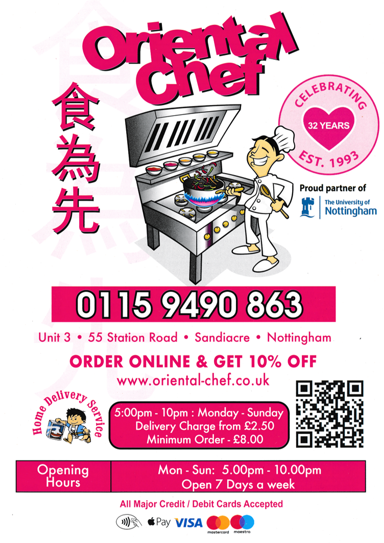 Menu for Oriental Chef Chinese and Cantonese food takeaway on Station Road in Sandiacre