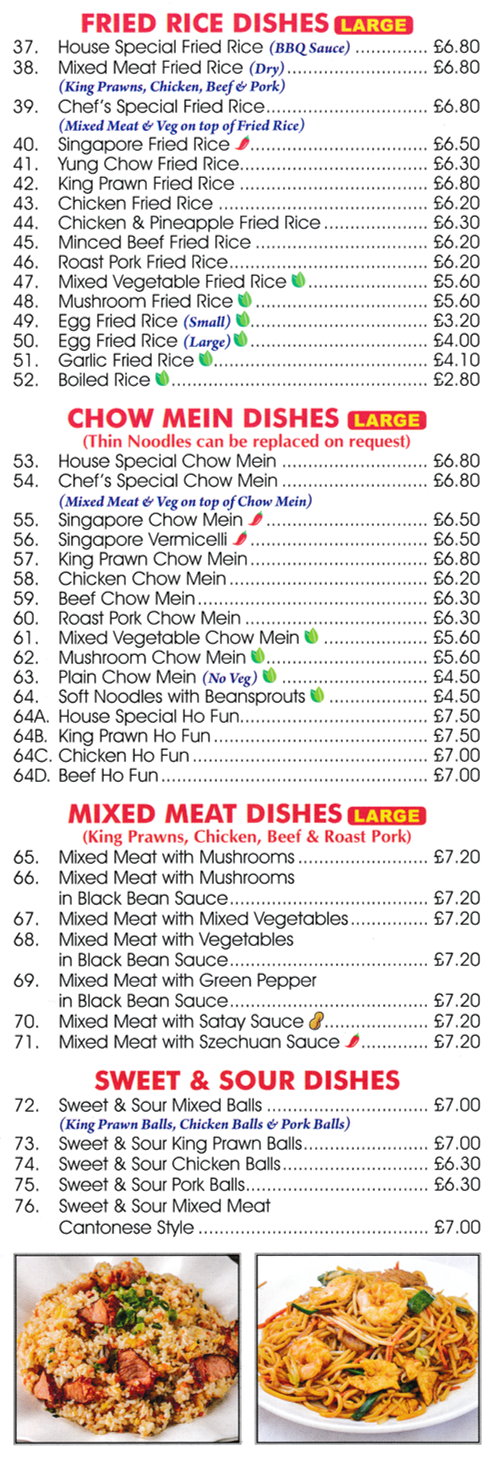Menu for Oriental Cuisine Chinese takeaway in Mansfield - dishes include; Singapore Vermicelli, Egg Fried Rice, Sweet & Sour Mixed Balls, Beef Ho Fun..