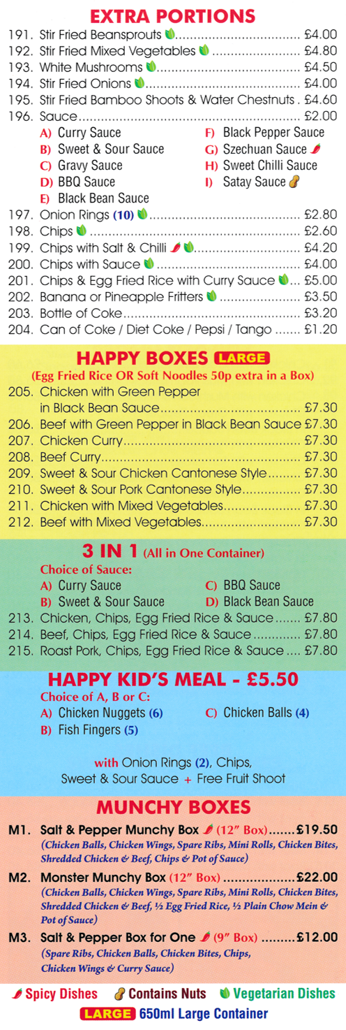 Menu for Oriental Cuisine Chinese takeaway in Mansfield - dishes include; Happy Boxes, 3 in 1, Munchy Boxes, Happy Kid's Meal, Extra Portions..