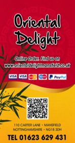 Menu for Oriental Delight Chinese food takeaway in Mansfield, Nottinghamshire NG18 3DH