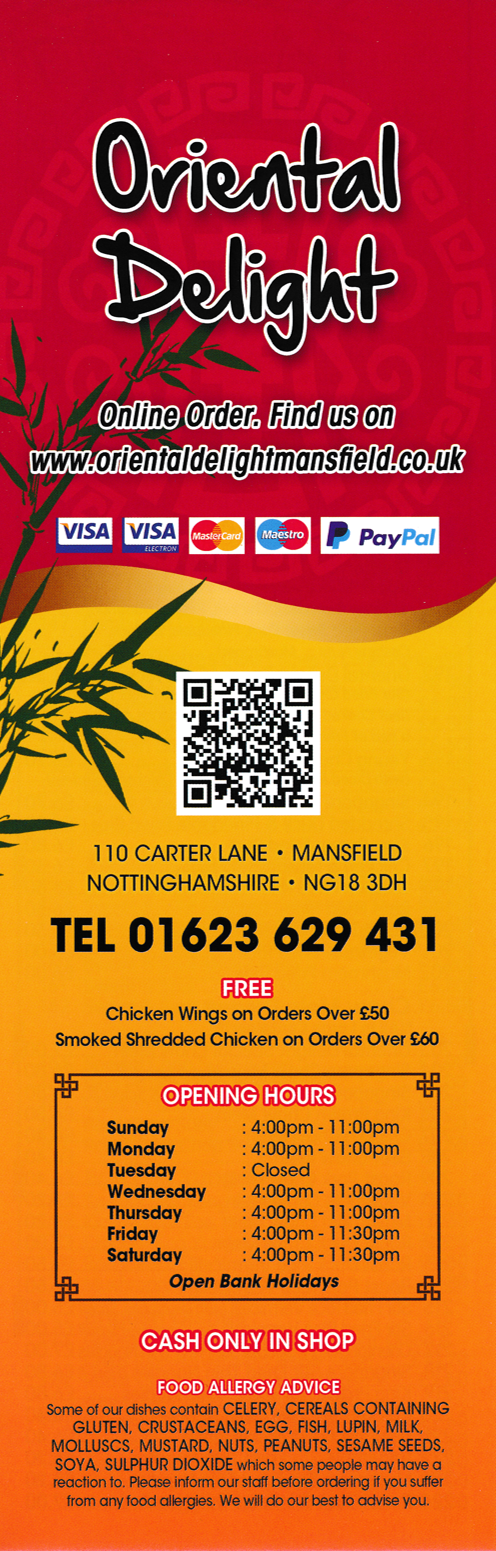 Menu for Oriental Delight Chinese takeaway and delivery in Mansfield